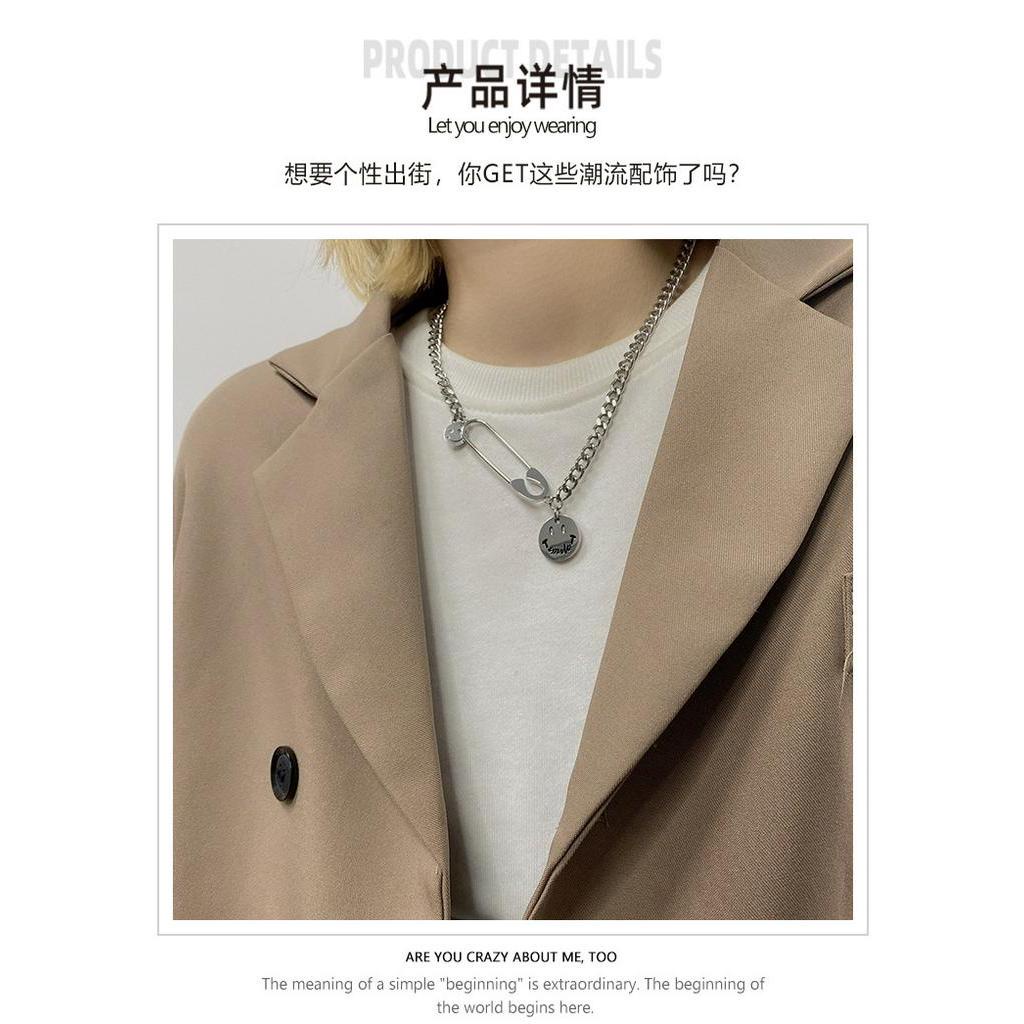 Dây chuyền sợi xích hình mặt cười và ghim băng chất liệu thép titan phong cách hip hop thời trang cho nam và nữ 22785