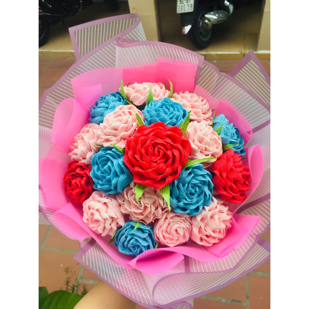 Bó Hoa Bồng 18 Bông Làm Theo Yêu Cầu Khách - Hoa handmade - Hoa Giấy Nhún - Làm theo Yêu Cầu