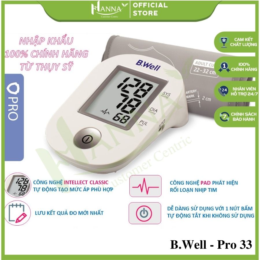 Máy đo huyết áp B.Well Pro 33, nhập khẩu Thụy Sĩ, đo bắp tay, tâm thu, tâm trương, nhịp tim, sử dụng pin AAA