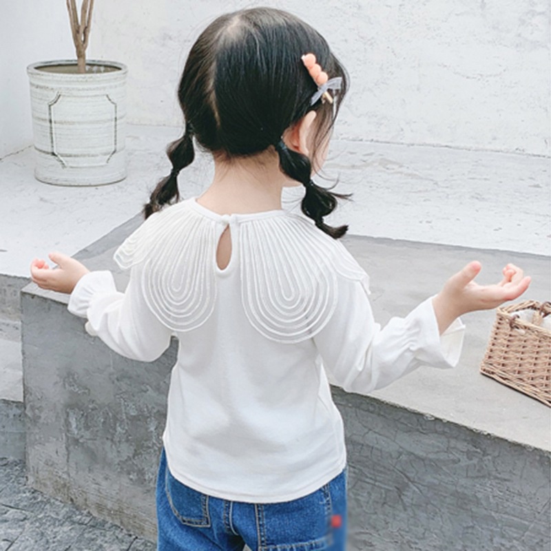 Áo thun cotton màu trơn cổ đính hoa lớn thời trang dành cho bé gái