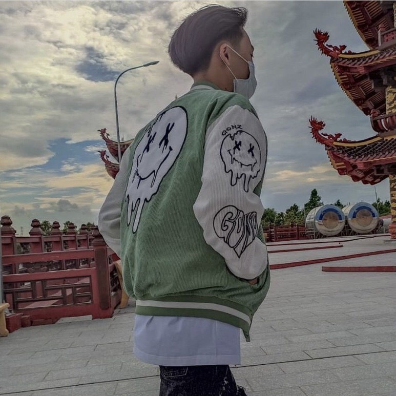 Áo Khoác Bomber Nhung Gân Tăm Thêu G-SMILE Jacket Varsity GONZ Unisex Form Rộng Ulzzang NUPAKACHI