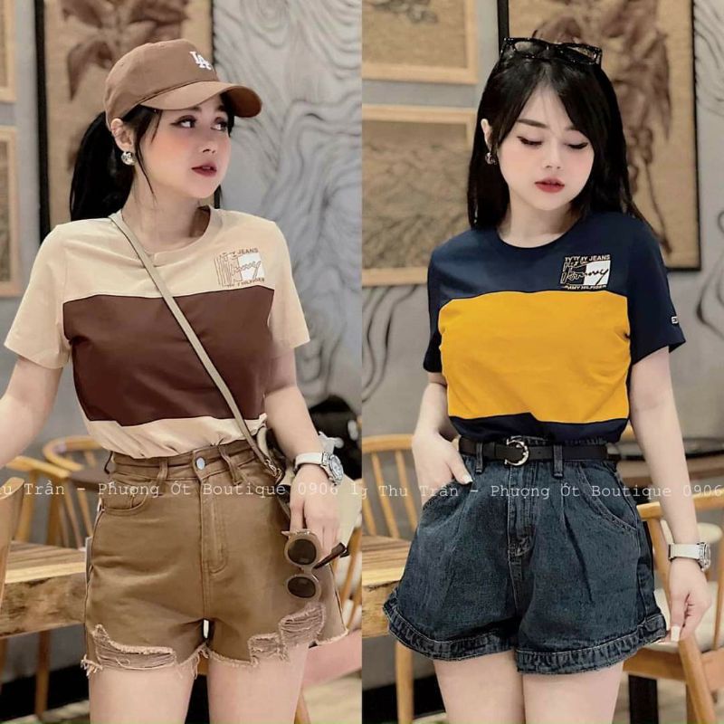 Áo Phông nữ form rộng  phối màu logo ngực màu siêu đẹp