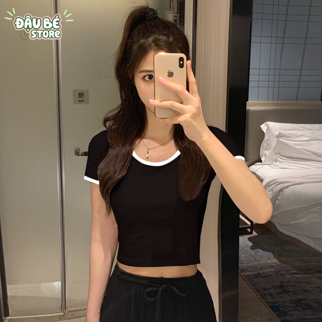 Áo Croptop Body Cộc Tay Cổ Tròn Ulzzang - Áo Thun Tay Ngắn Màu Trơn Viền Màu Co Giãn Thoáng Mát - Daube - A032