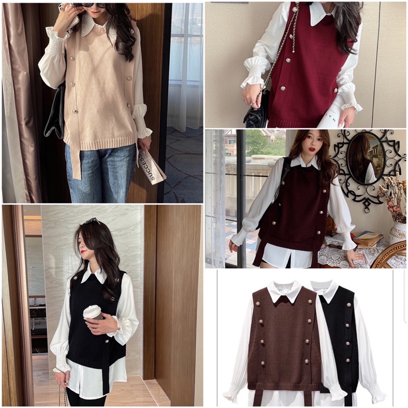 💋FREESIZE💋Sét hai món gồm Áo Gile cổ tròn + Áo sơ mi tay bo chun cực xinh. đẹp Uy Tín