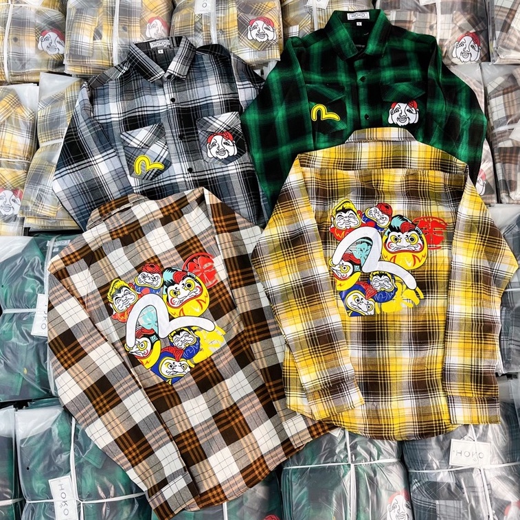 Áo Sơ Mi Nam Tay Dài Vải Nỉ Caro In Hình EVISU Phong Cách Độc Lạ Thời trang Hot Trend Mới