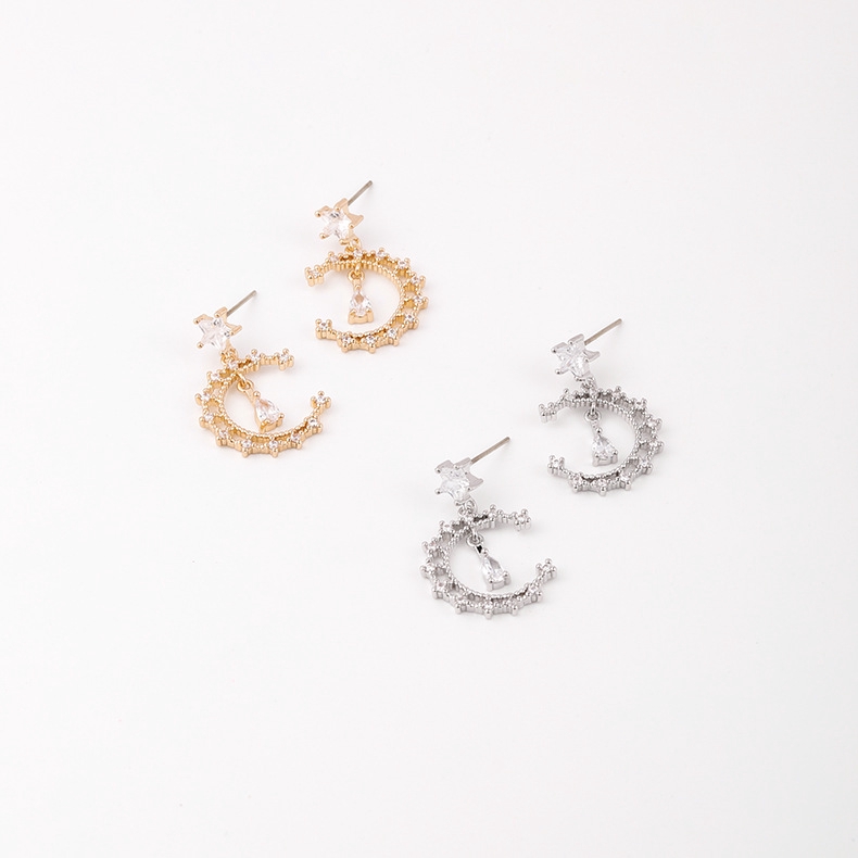 925 Silver metallic zirconium drop earrings new crescent sweet temperament fashion earrings ins