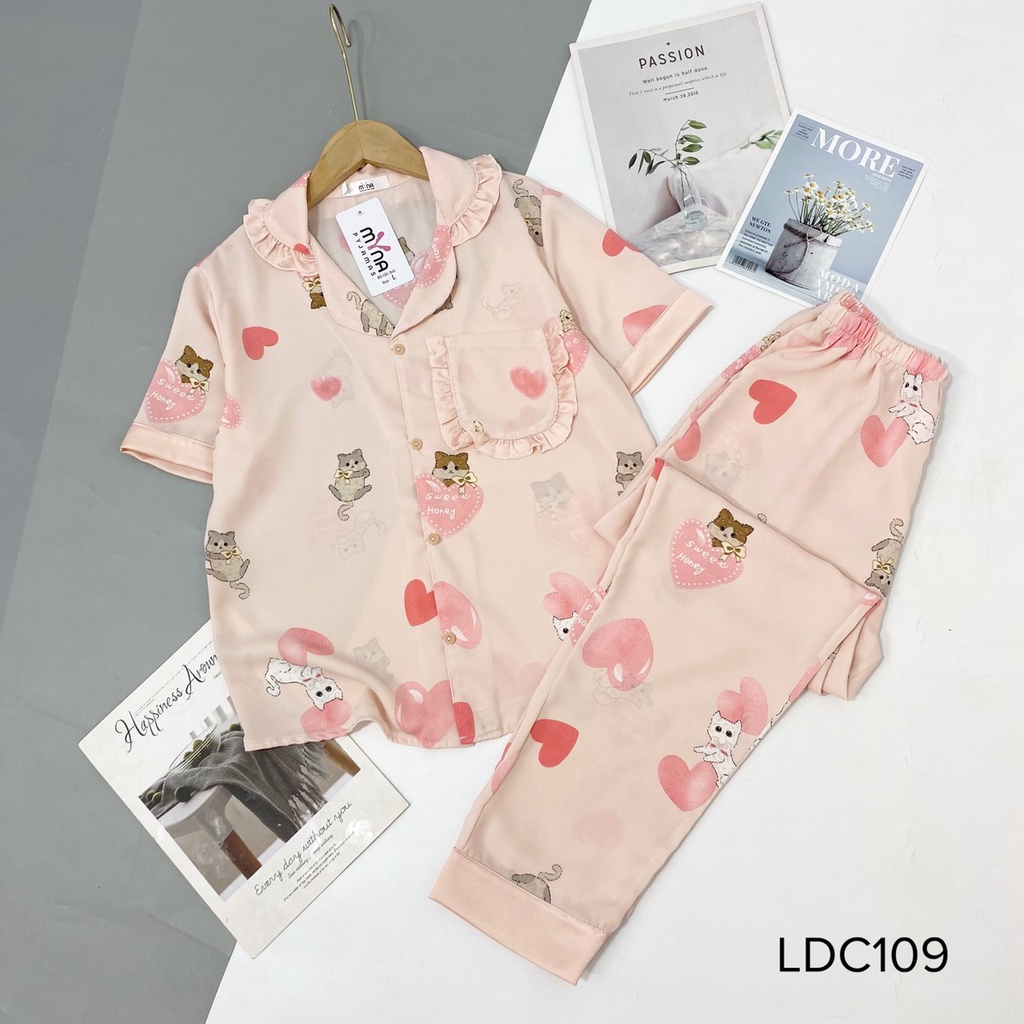 Bộ pijama lụa mango cộc dài cổ bèo