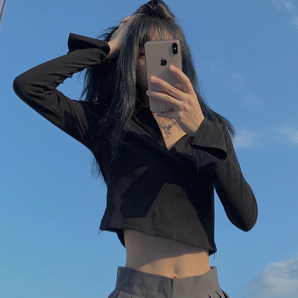 Áo Polo cổ xẻ Tay Thun VIETCEN Áo Croptop Tay Dài Bo Tăm Ulzzang