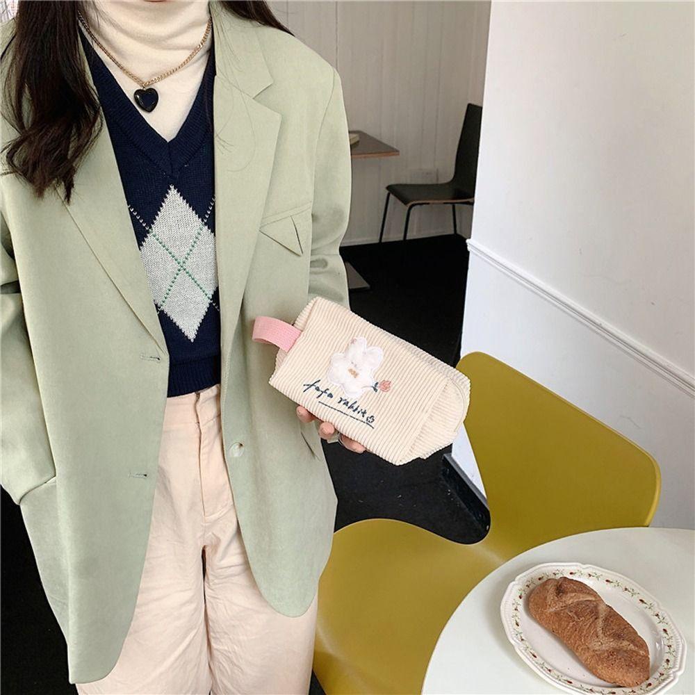 Túi Đựng Đồ Trang Điểm Bằng Vải Nhung Thêu Hình Thỏ Có Khóa Kéo Cho Nữ