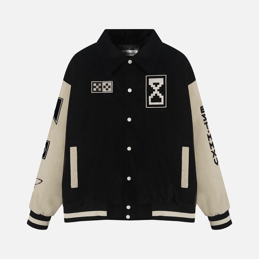 Áo khoác NEEDS OF WISDOM Pixel World Varsity Jacket - Black/Cream - Local Brand Chính Hãng
