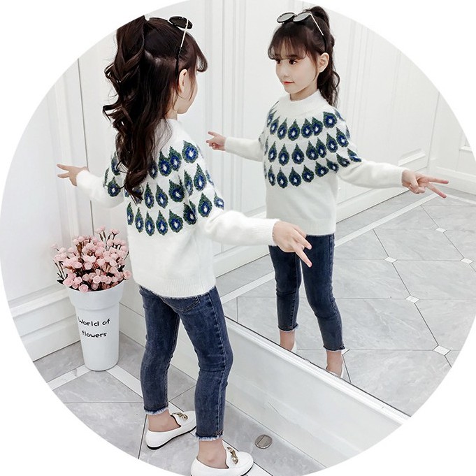 Áo len bé gái lớn họa tiết lông công siêu đáng yêu size 15-40kg [AL16]