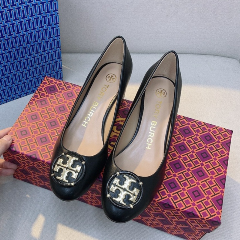 TORY BURCH Giày Cao Gót Đế Dày 5.5cm Mũi Tròn Bằng Da Bò Màu Đen Chống Trượt Không Đau