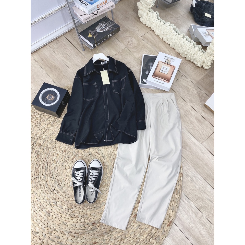 [ 𝐅𝐑𝐄𝐄 𝐒𝐇𝐈𝐏 ] SÉT ÁO SƠ MI TÚI HỘP VIỀN CHỈ MIX QUẦN SUÔNG ỐNG RỘNG Ạ