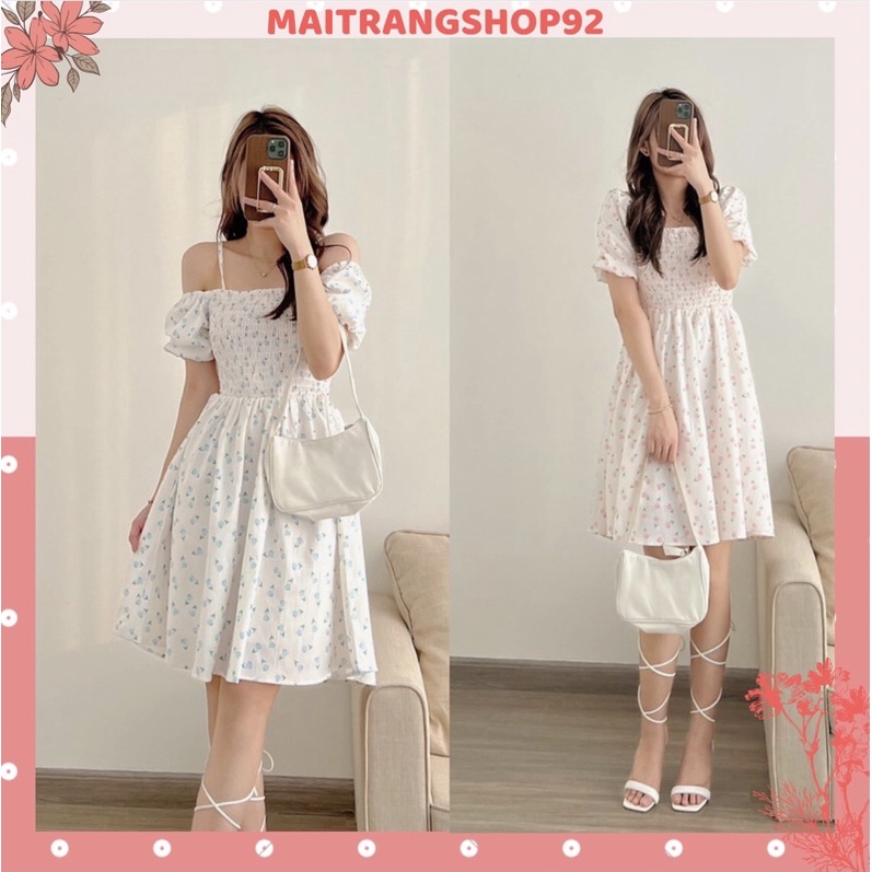 Váy babydoll hoa nhí trễ vai cổ vuông tay bồng Hàn Quốc bo chun chữ A xoè dáng ngắn 2 lớp tiểu thư (TTA121)