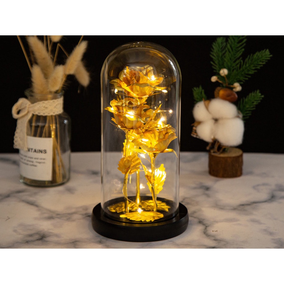 Hoa hồng mạ vàng cao cấp đựng trong bình thủy tinh đèn led có kèm pin, đèn hoa hồng sang trọng trưng bày decor