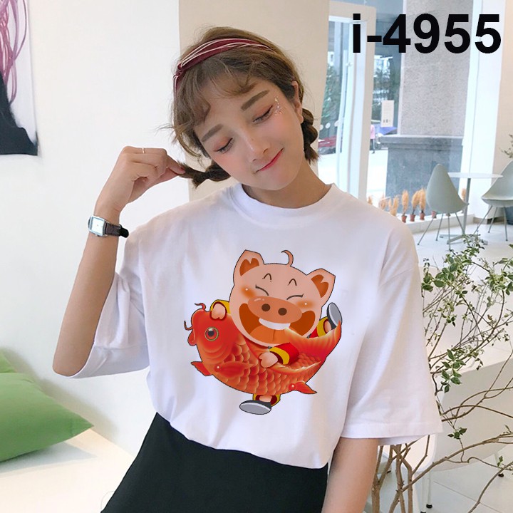 M4955 Áo Thun Nữ Unisex In Hình Chú Heo Cá Chép Tết 2019