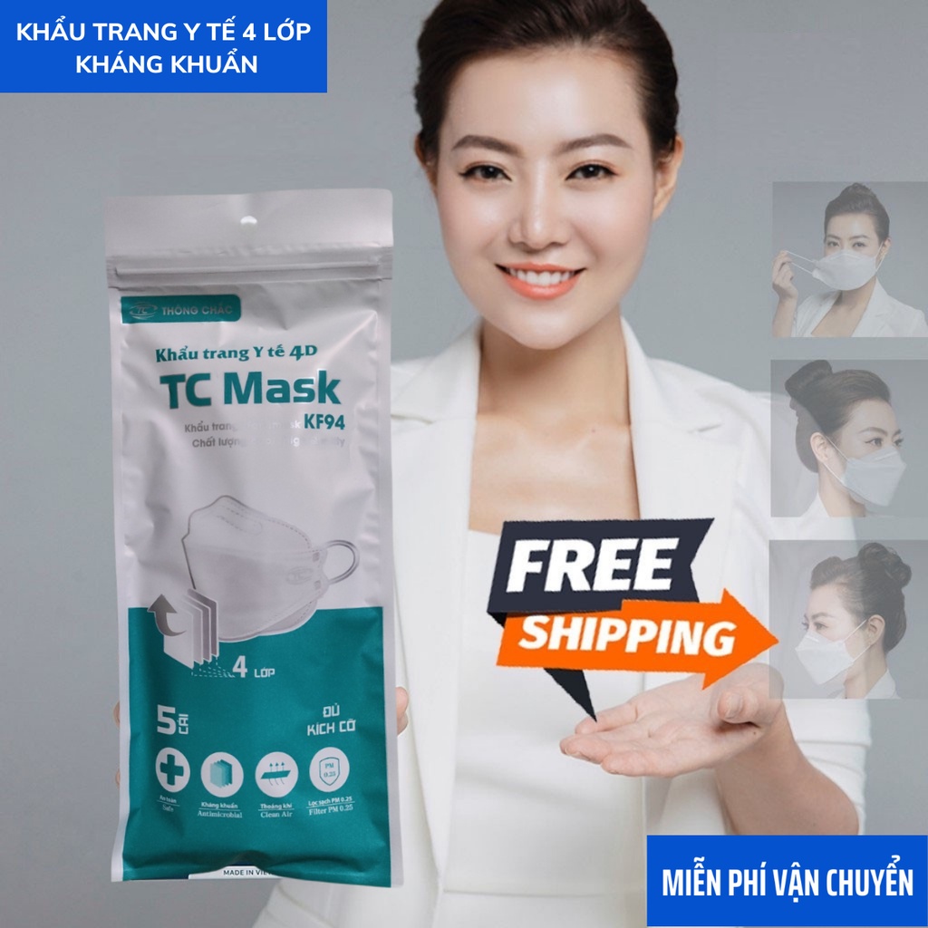 Khẩu trang KF94 Hàn Quốc , Khẩu trang 4D - Khẩu trang y tế 4 lớp kháng khuẩn màu trắng xanh xám [Combo 50 chiếc]