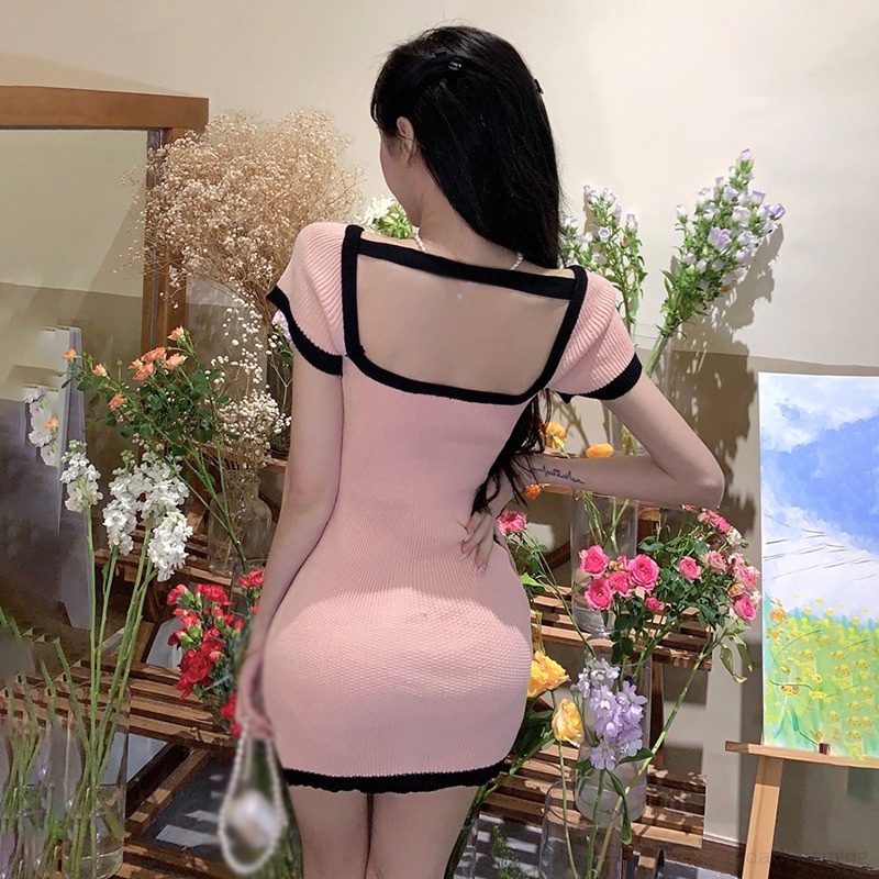 Đầm Tay Ngắn Cổ Vuông Màu Sắc Tương Phản Thiết Kế Mỏng Cao Cấp Thời Trang Dành Cho Nữ