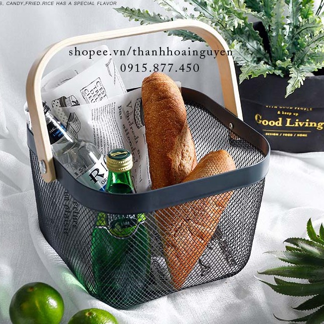 Giỏ đựng đồ sang trọng tay cầm gỗ phong cách Bắc Âu ( Rổ Sắt to đi picnic đựng hoa quả đồ ăn vặt vintage )