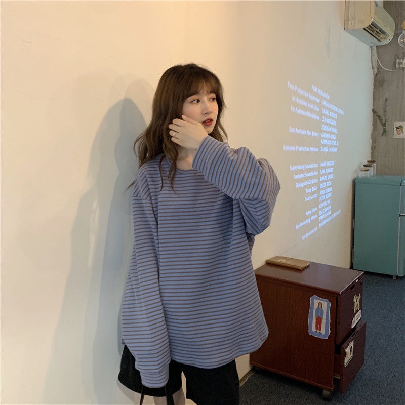 Jiashucheng Áo Thun Nữ Dài Tay Cổ Tròn Sọc Ngang Thời Trang Hàn Mới