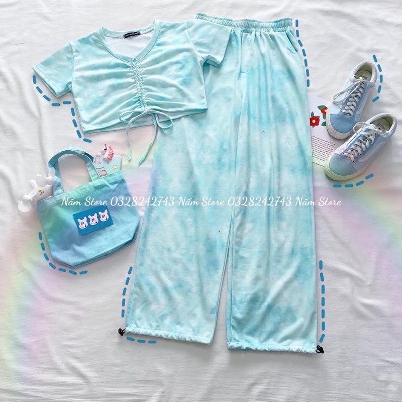 Set áo croptop rút dây + quần dài jogger loang màu ốmg rộng dây rút có cã set áo váy