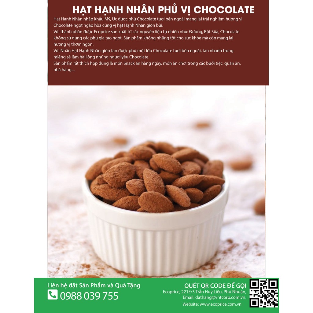 Hạt Hạnh Nhân Socola ECOPRICE - Socola Hạnh Nhân - Socola Almond - Almond Chocolate - Túi - 100G