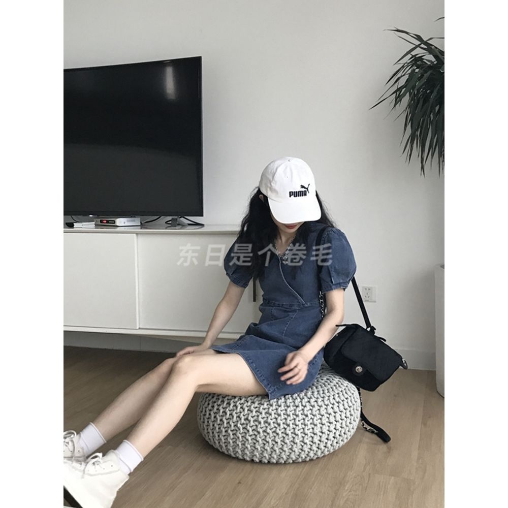 Đầm Denim Tay Phồng Cổ Chữ v Dáng Chữ a Thời Trang Mùa Hè Dành Cho Nữ