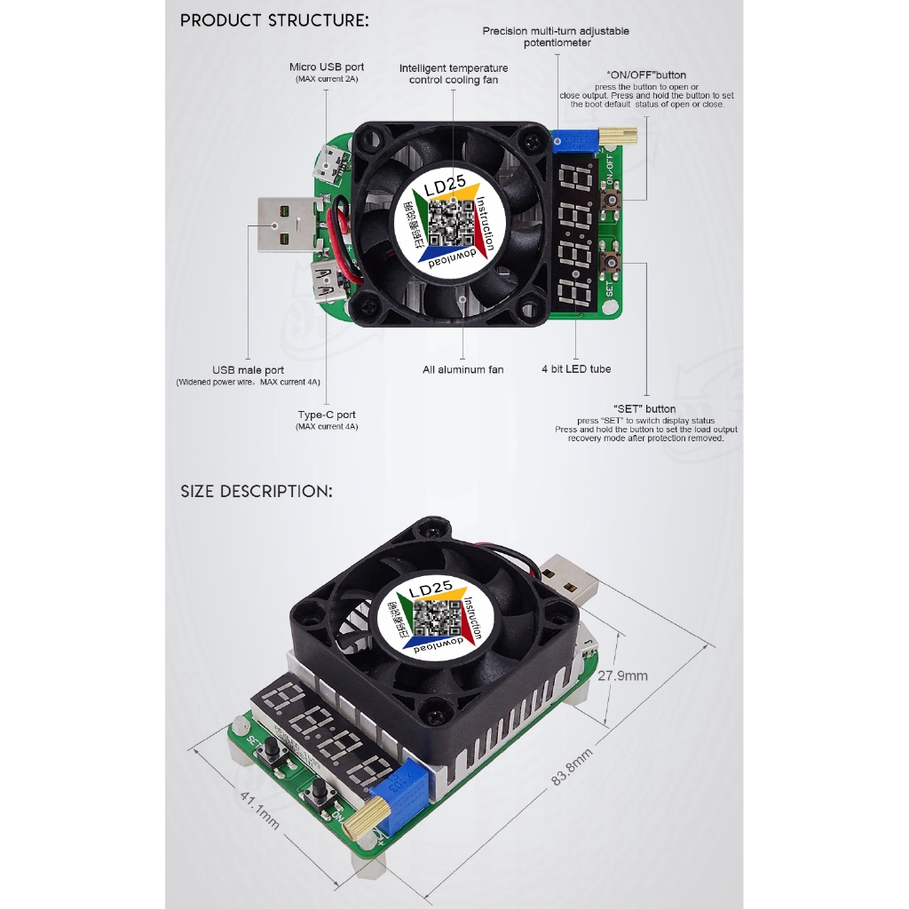 【READY STOCK】Kiểm tra giao diện USB Điện trở tải Điện tử Kiểm tra LD25 Pin xả 25W Tester