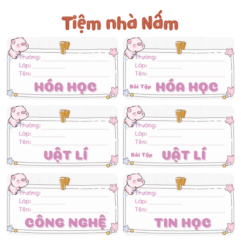 Combo Nhãn Vở Thiết Kế Theo Tên Môn Học, Con Heo Hồng