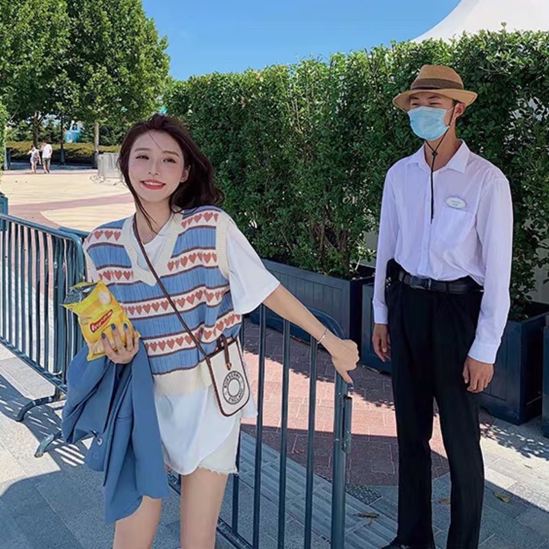 Áo Dệt Kim Không Tay Cổ Chữ V Phong Cách Harajuku Cổ Điển