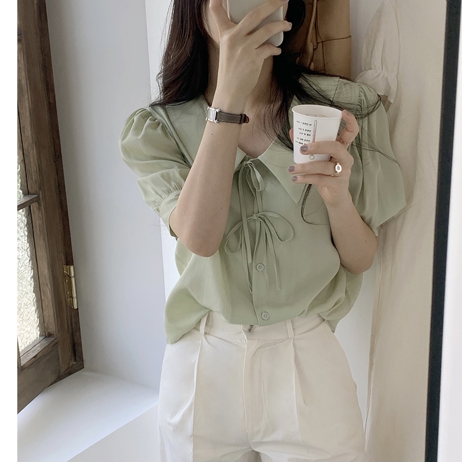 Áo Sơ Mi Tay Ngắn Cổ Chữ V Phong Cách Hàn Quốc Thời Trang Mùa Hè Cho Nữ