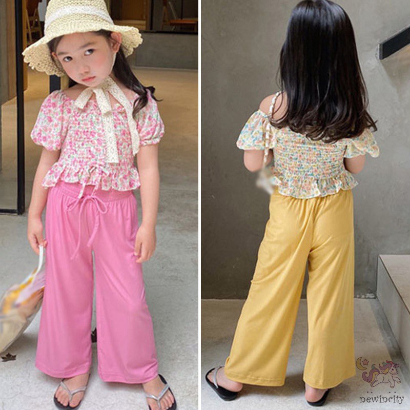 Set áo kiểu in hoa + quần dài ống rộng dành cho bé gái