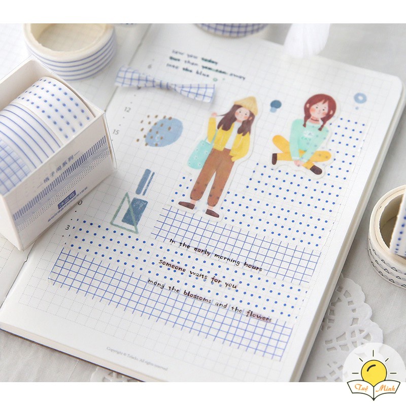 Set washi tape dài 3m họa tiết kẻ, chấm bi - bộ băng dính trang trí sổ Bullet Journal, thiệp