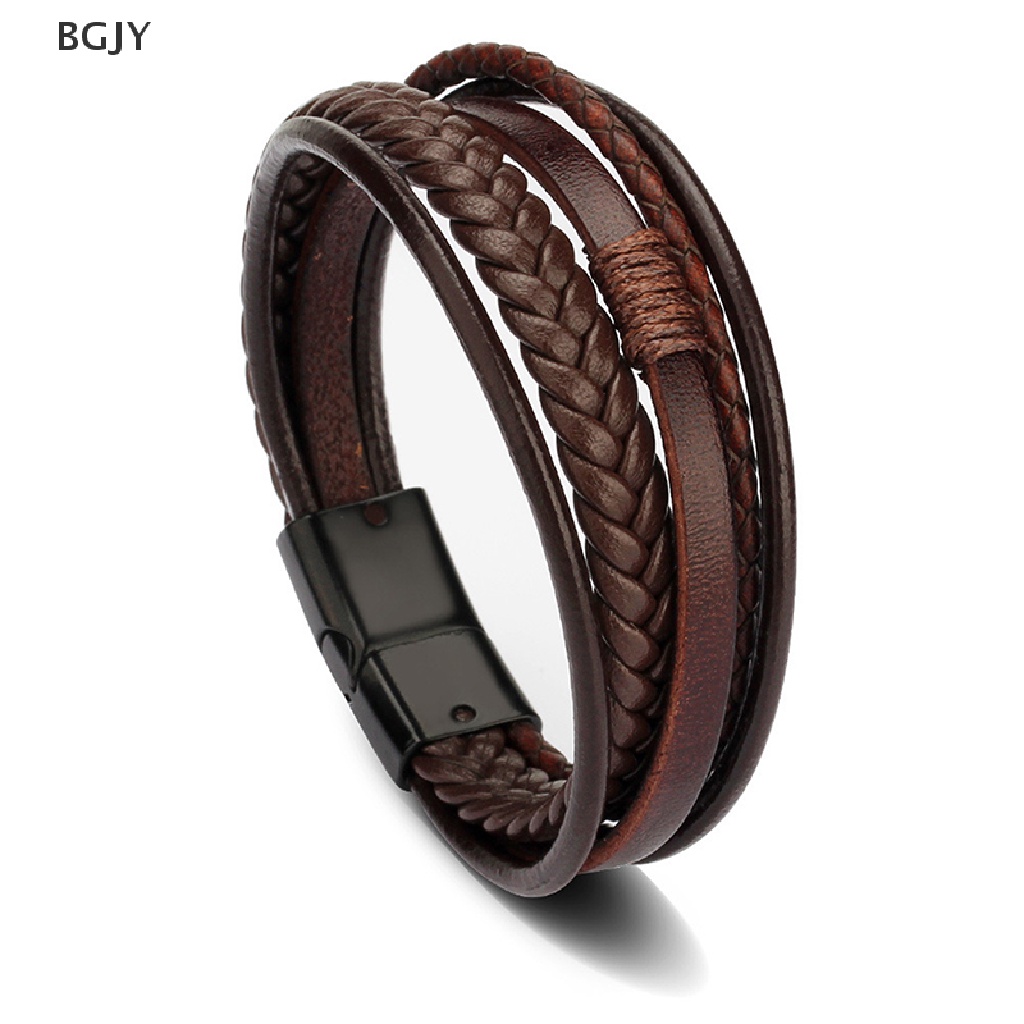 BGJY Trendy Leather Bracelets Men Stainless Steel Multilayer Braided Rope Bracelets NEW