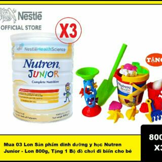 (Sữa mẫu mới, date 2024)Bộ 3 lon sữa Nutren Junior 800g tặng kèm bộ đồ chơi xúc cát