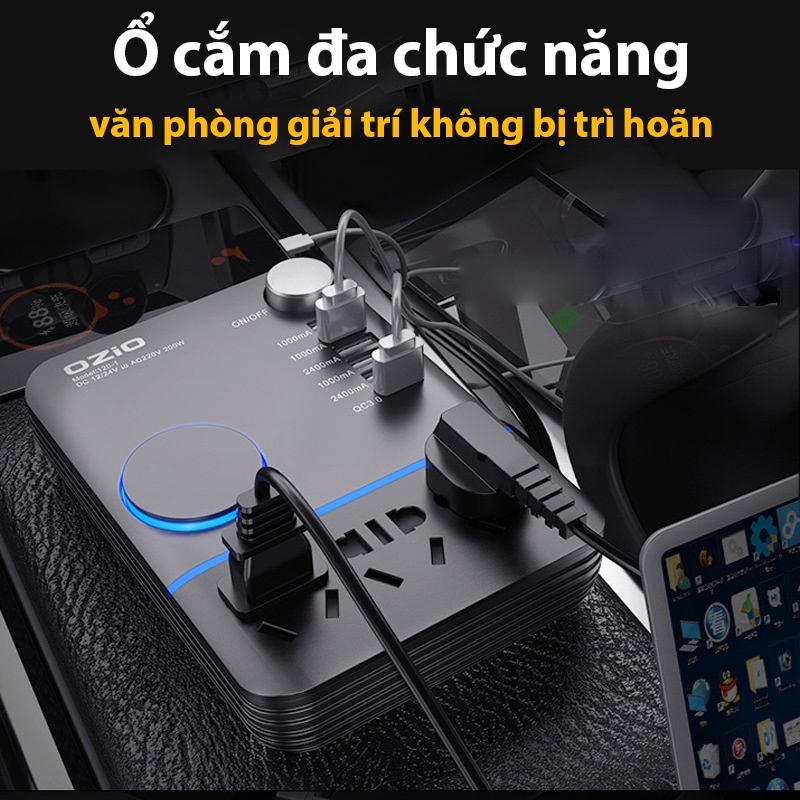 Bộ Biến Tần Ô Tô 12/24V Sang 220V, Bộ Chuyển Đổi Dòng Điện Từ 12V Sang 220 V Công Suất 200W, Hỗ Trợ Sạc Nhanh QC 3.0