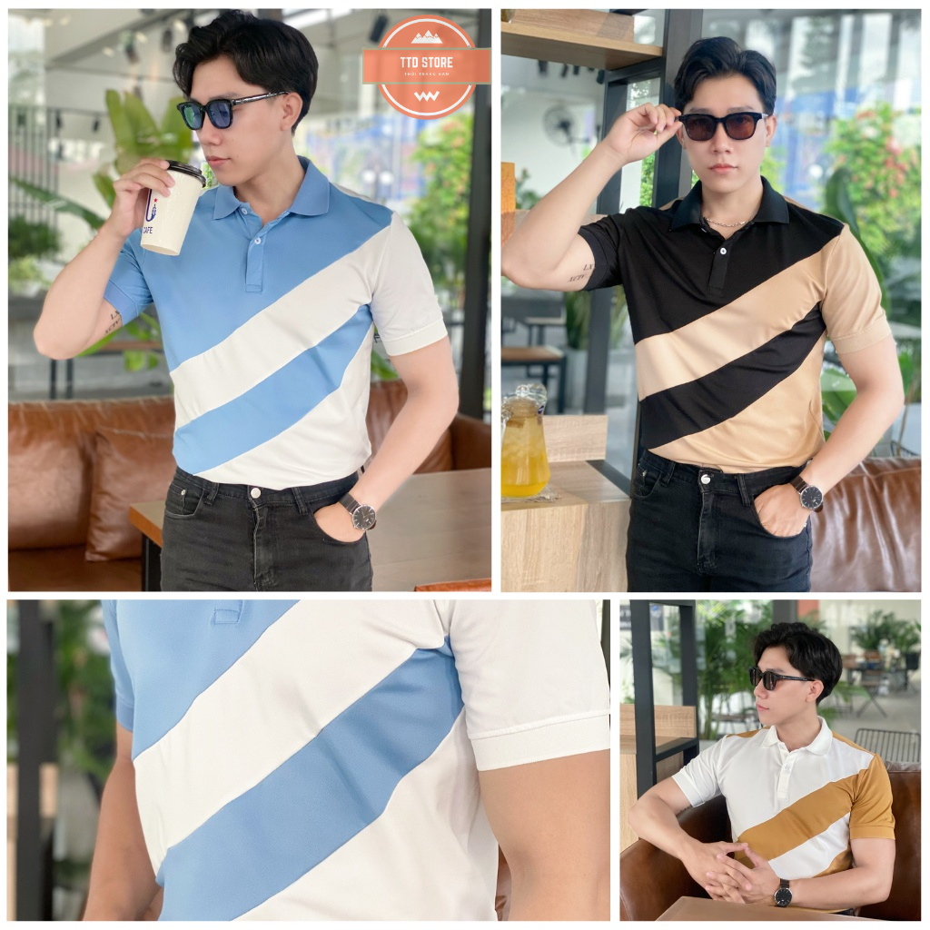Áo thun nam polo cao cấp tay ngắn phối Sọc ngang dọc chéo phối bo tay cổ phong cách trẻ trung lịch lãm chất da cá sấu