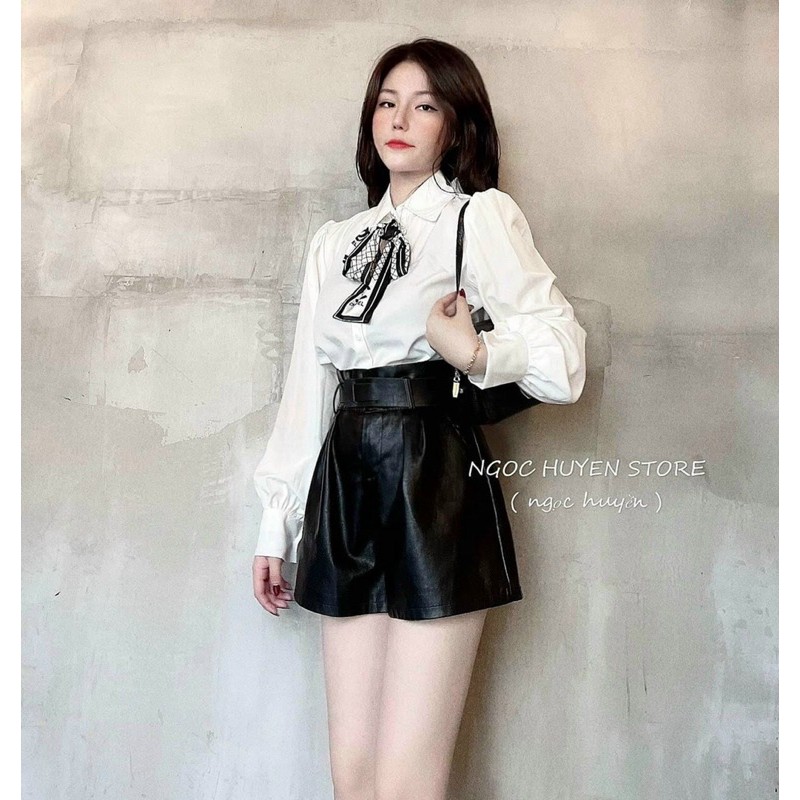 set quần baggy áo sơmi nơ cổ