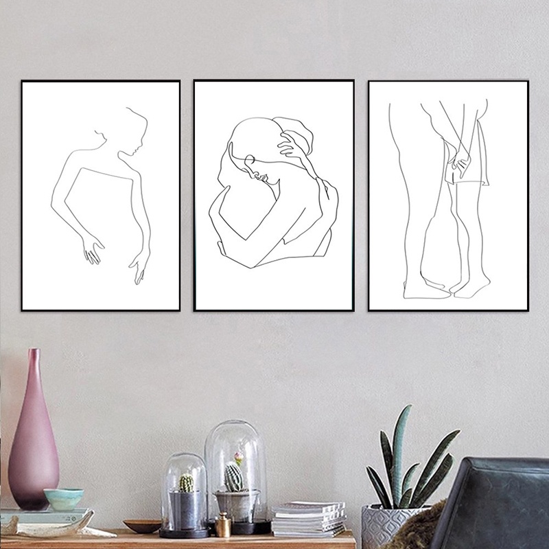 Bộ 3 Tranh Treo Tường In Hình Cặp Đôi Màu Trắng Đen Trang Trí Phòng Ngủ