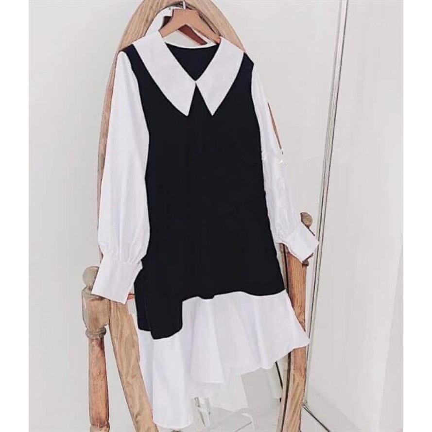 Váy Babydoll Nữ Đen Dài Tay Cổ Sen Trắng 🦋 Đầm Nữ Tay Bèo Đuôi Cá Phối Màu Thanh Lịch