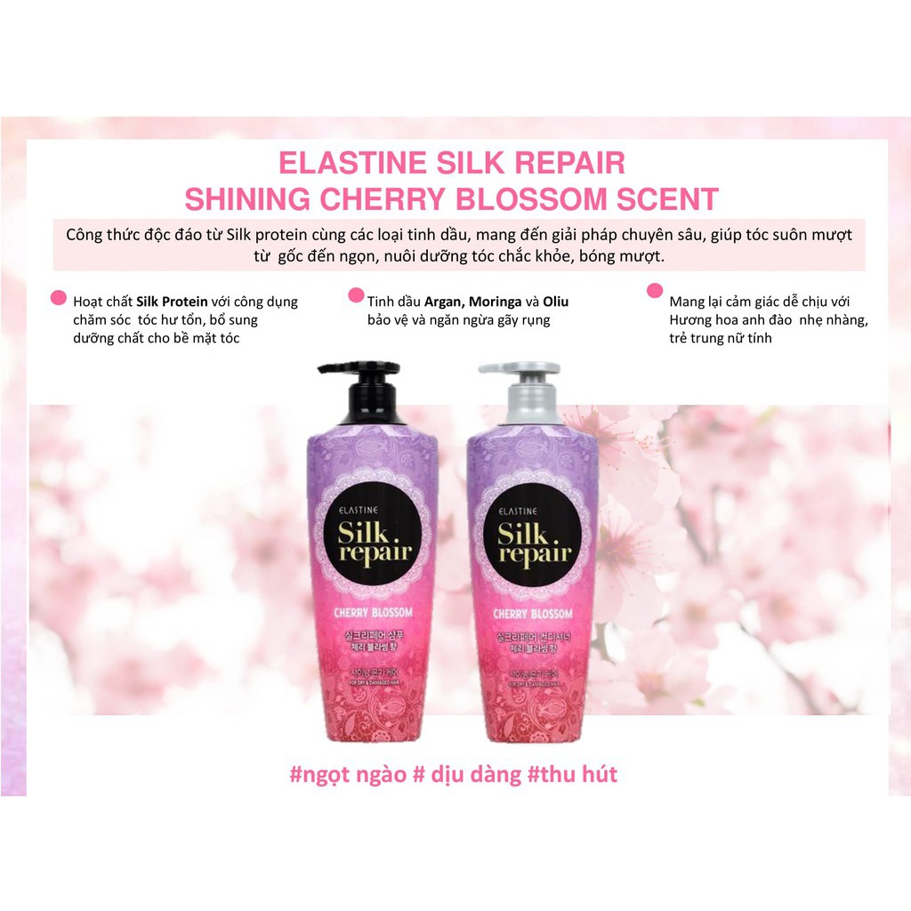 Kem Xả Elastine Silk Repair Cherry Blossom Chăm Sóc &amp; Nuôi Dưỡng Tóc Hương Hoa Anh Đào 550ml