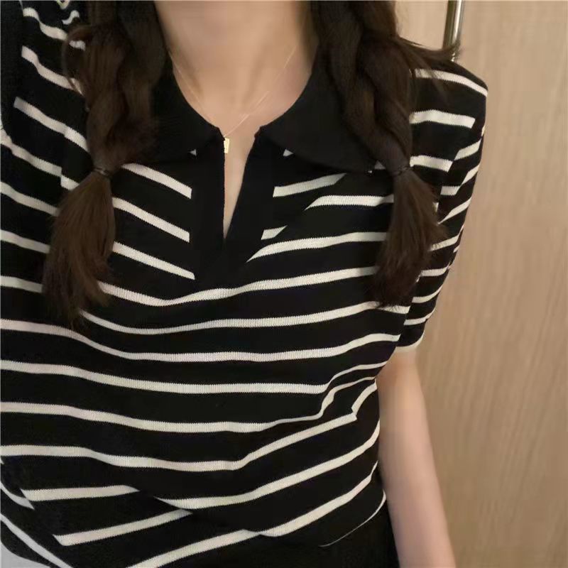 Áo Thun polo Ngắn Tay Cổ Chữ v Họa Tiết Kẻ Sọc Thời Trang Mùa Hè Hàng Mới Dành Cho Nữ