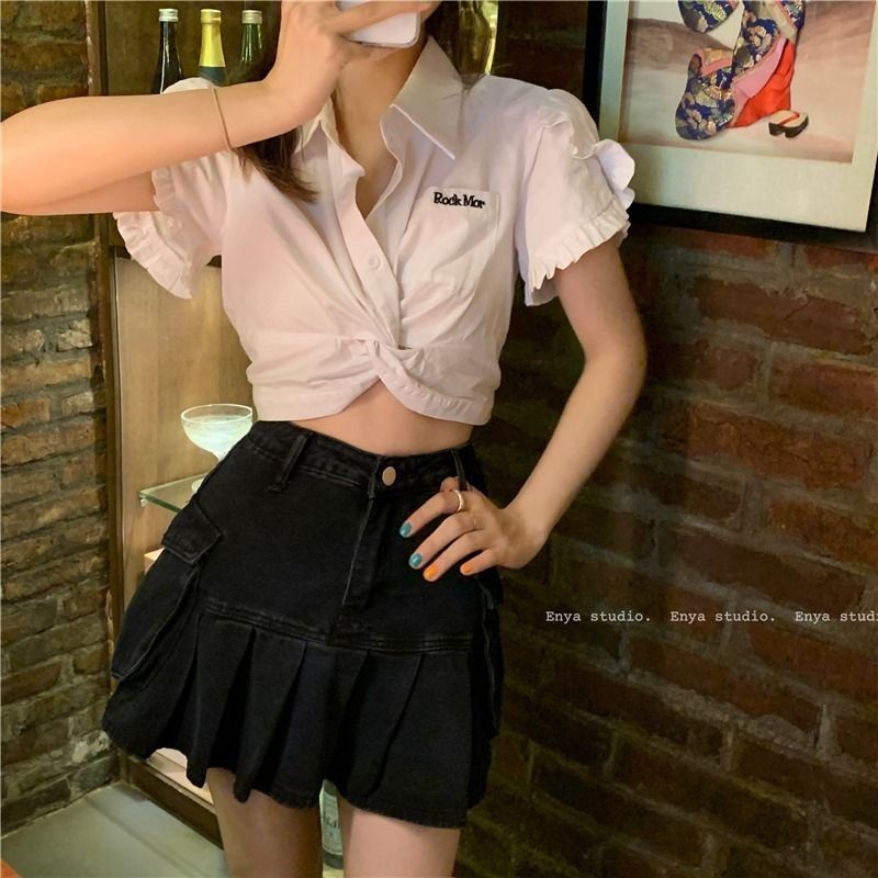 Áo croptop BH tay ngắn có túi hoạ tiết thêu thời trang mùa hè cho phái nữ