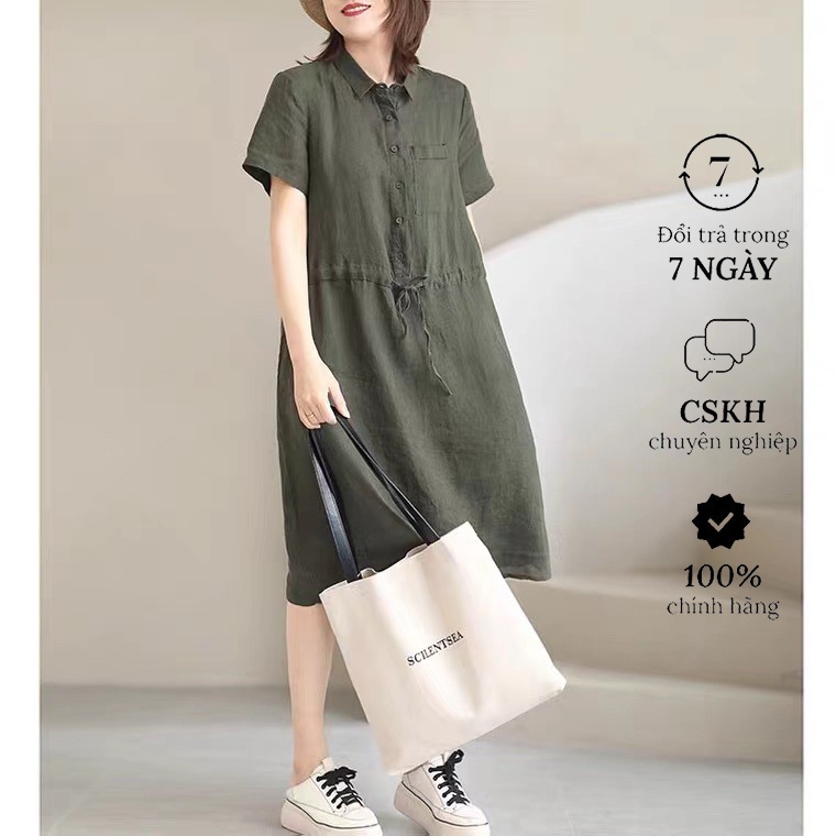 Váy sơ mi xanh rêu có túi ngực, Đầm linen nữ cổ sơ mi kèm dây eo tự chỉnh Da75