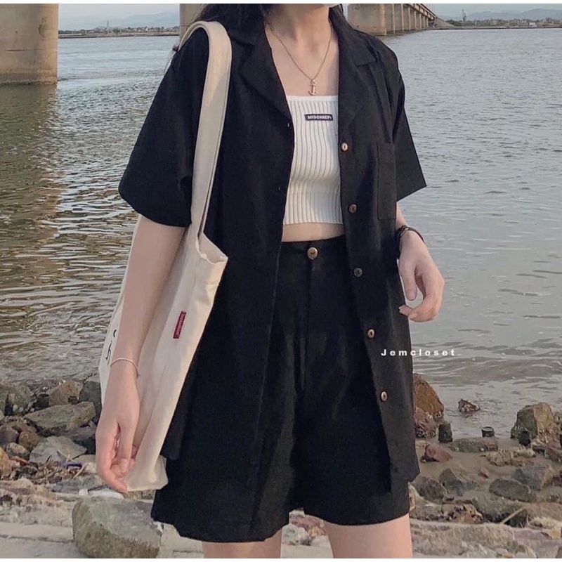 Set bộ sơ mi đũi trơn basic linen tiệm của miêu
