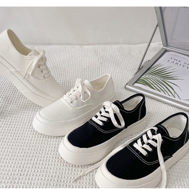 Giày Thể Thao Nữ Ulzzang Vintage, Giày Bata Dáng Bánh Mì Basic Vải Canvas Đế Độn 4cm 2 Màu Hàn Quốc - Iclassy_shoes