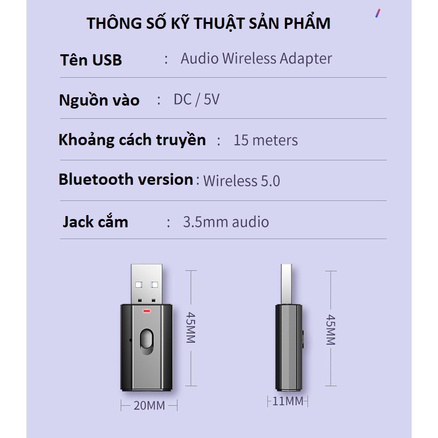 Bộ Thu Phát Âm Thanh USB BLUETOOTH 5.0 3.5mm Đa Năng Cho Loa/Máy Tính/Xe Hơi