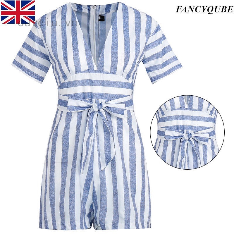 Jumpsuit Tay Ngắn Hoạ Tiết Kẻ Sọc Thiết Kế Cổ Chữ V Quyến Rũ