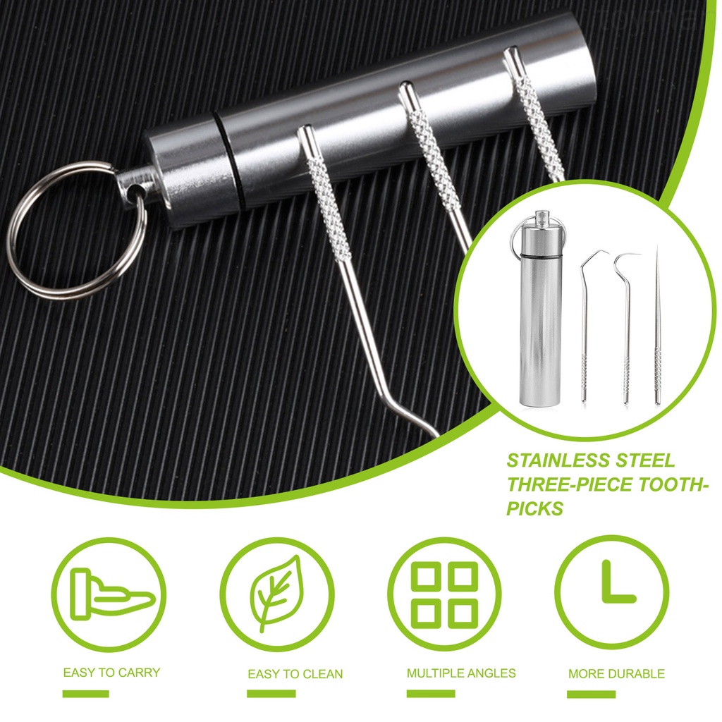 Set 3 tăm xỉa răng bằng thép không gỉ có thể tái sử dụng với giá đỡ