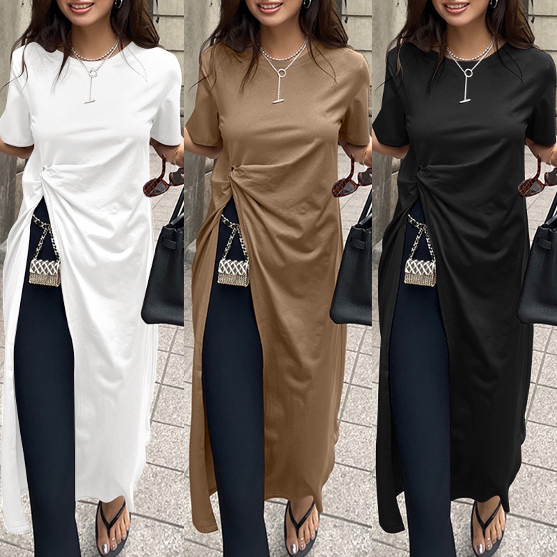 Áo thun dài ZANZEA thiết kế tay ngắn cổ tròn trơn màu dành cho nữ